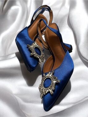 Electric Blue Satin Slingback Heels - Crystal Medallion Pointed Toe Pumps
Size 9